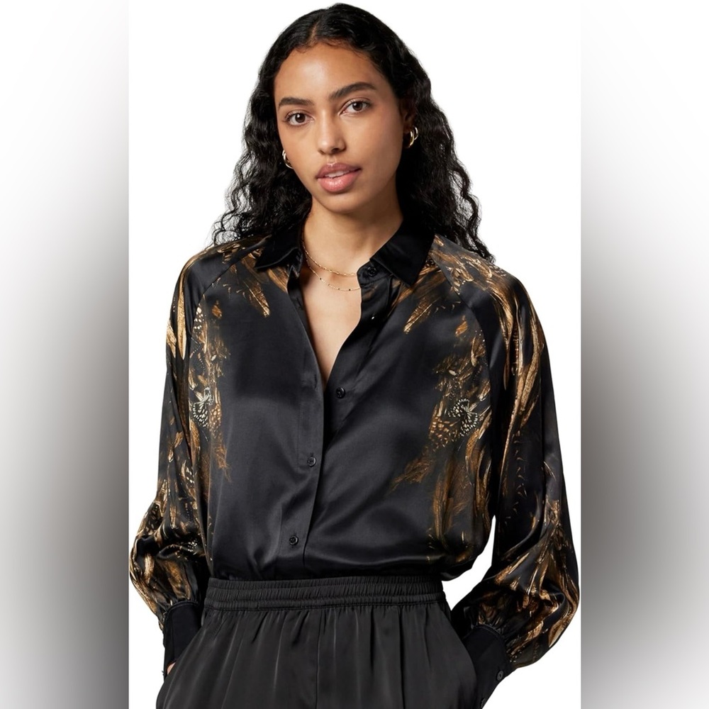 ALLSAINTS Oana Shirt Charm Black and Gold Silk Blend Cuffed Blouse Size 4
